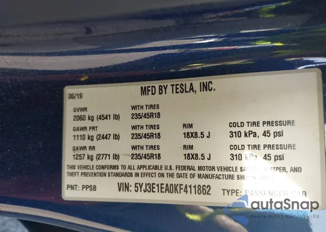 2019 Tesla Model 3 Long Range/Mid Range/Standard Range/Standard Range Plus из США, поврежденный, VIN 5YJ3E1EA0KF411862